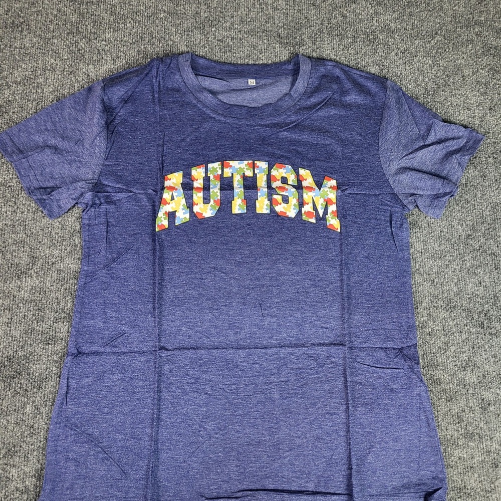 Autism Awareness Graphic T-Shirt Heather Blue Puzzle Piece Print Size M